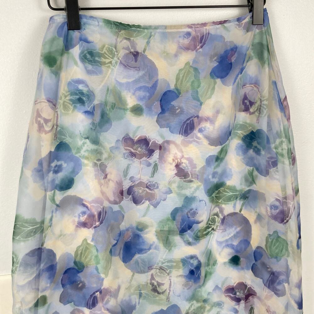 VTG Womens White & Blue Sheer Floral Maxi Skirt XS Fairy Cottage Ethereal Y2K - Picture 3 of 9